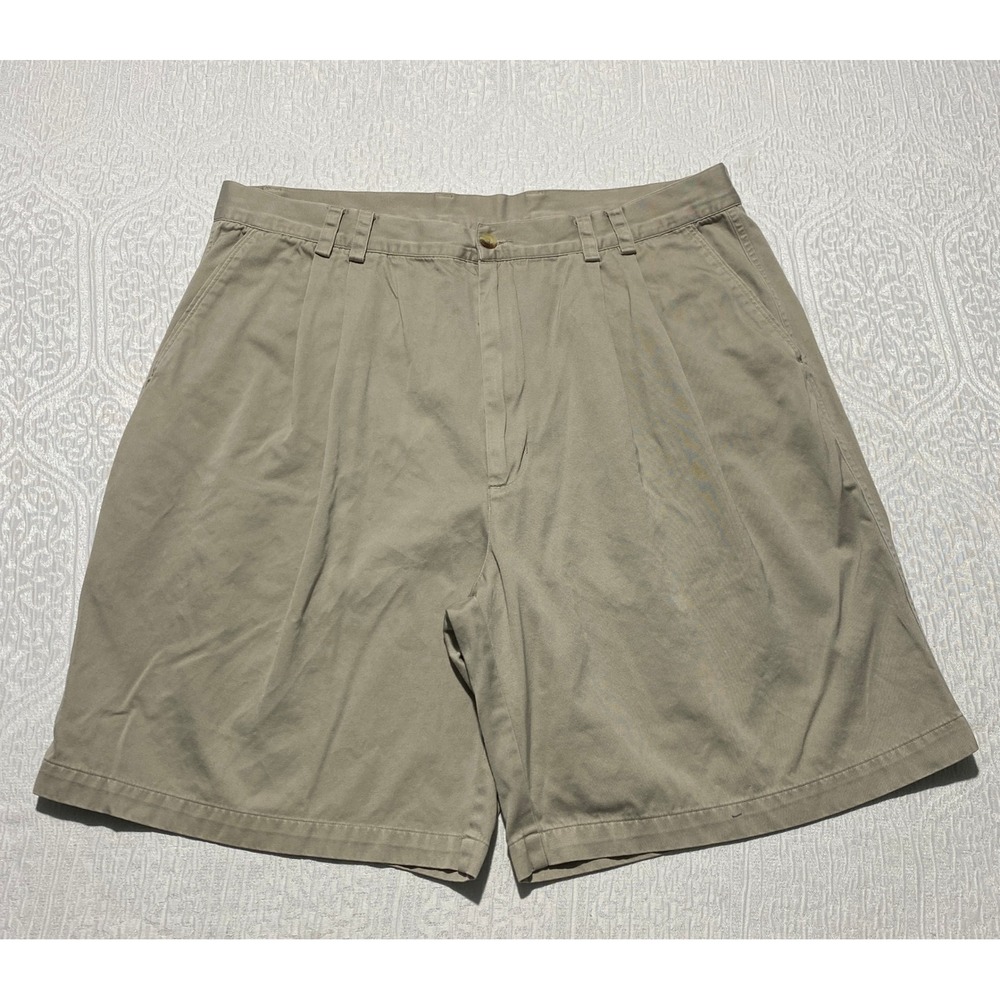 Greg Norman Mens 36 Khaki Tan Pleated Cotton Golf Shorts Shark Logo Casual